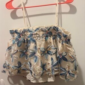 SHEIN Cream and Blue Embroidered Top